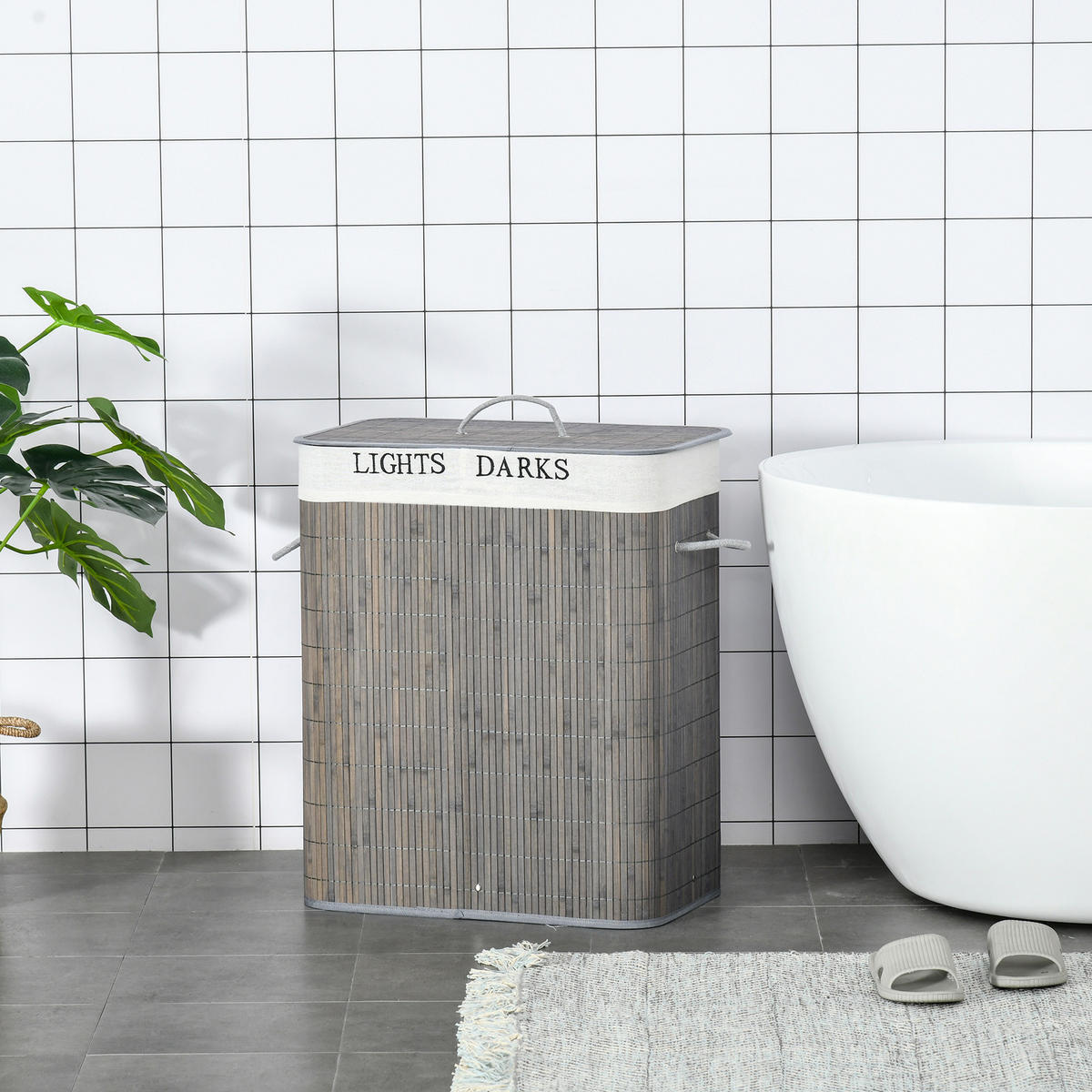 WÄSCHEKORB schmal mit Deckel 100L, Badezimmer, Bambus, Grau - Grau, Naturmaterialien (52/63/32cm) - HOMCOM