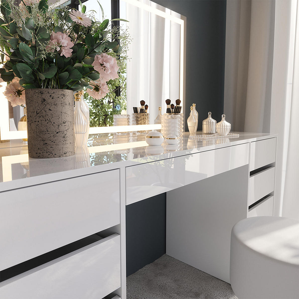 SCHMINKTISCH Sherry Weiß/Weiß Hochglanz 158.2 cm mit LED-Spiegel und Hocker - Weiß Hochglanz, Holzwerkstoff (158.2/76/50.1cm) - Vicco