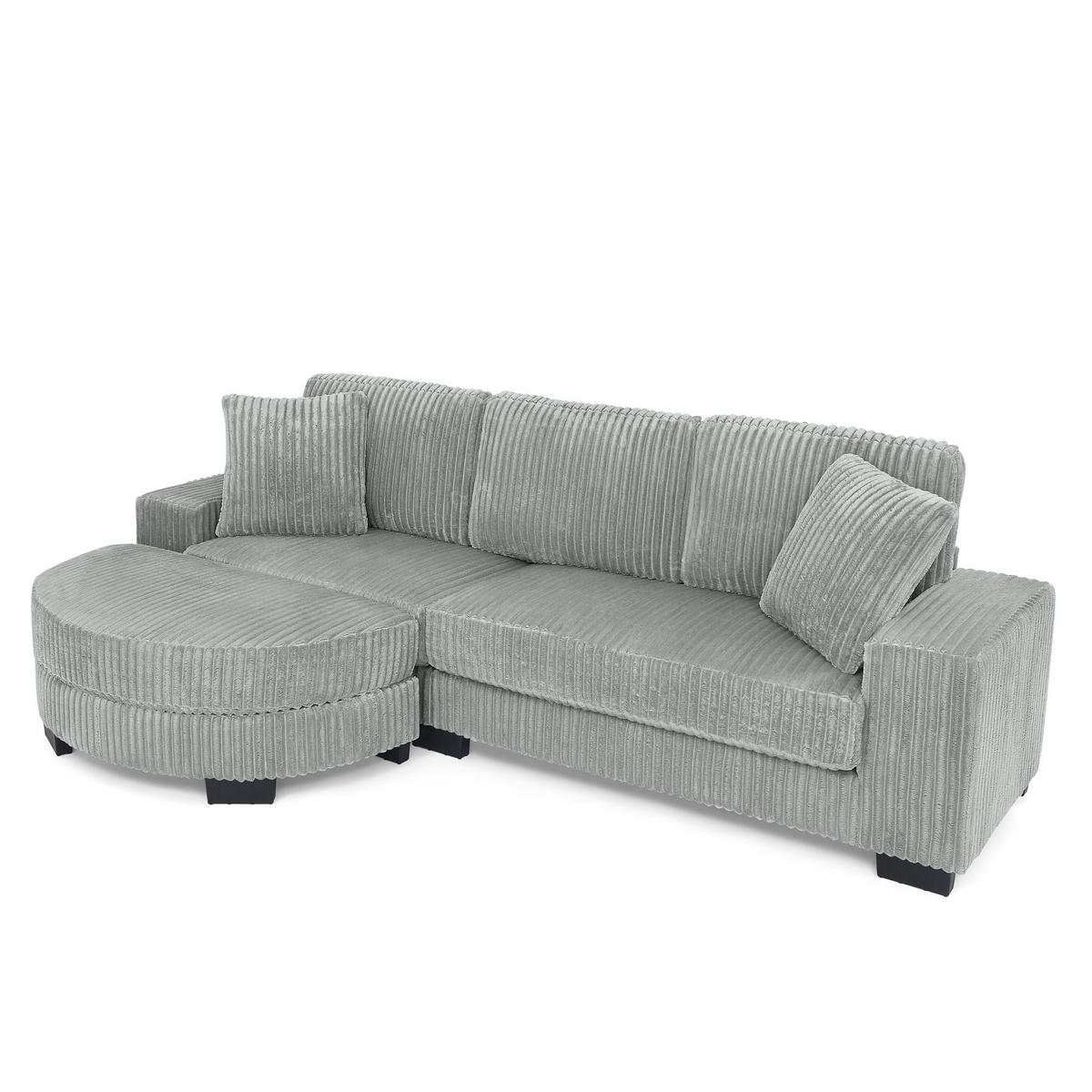 ECKSOFA 256,5/133,5/89 cm grau aus Corduroy mit wechselbarem Hocker - Grau, Kunststoff (133.5/256.5cm) - OKWISH