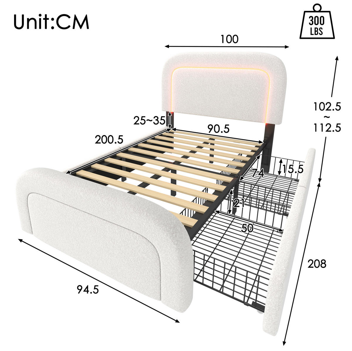 POLSTERBETT 90/200 cm Weiß aus Sherpa mit LED und USB-C - Weiß, Textil (90/200cm) - OKMYHOME
