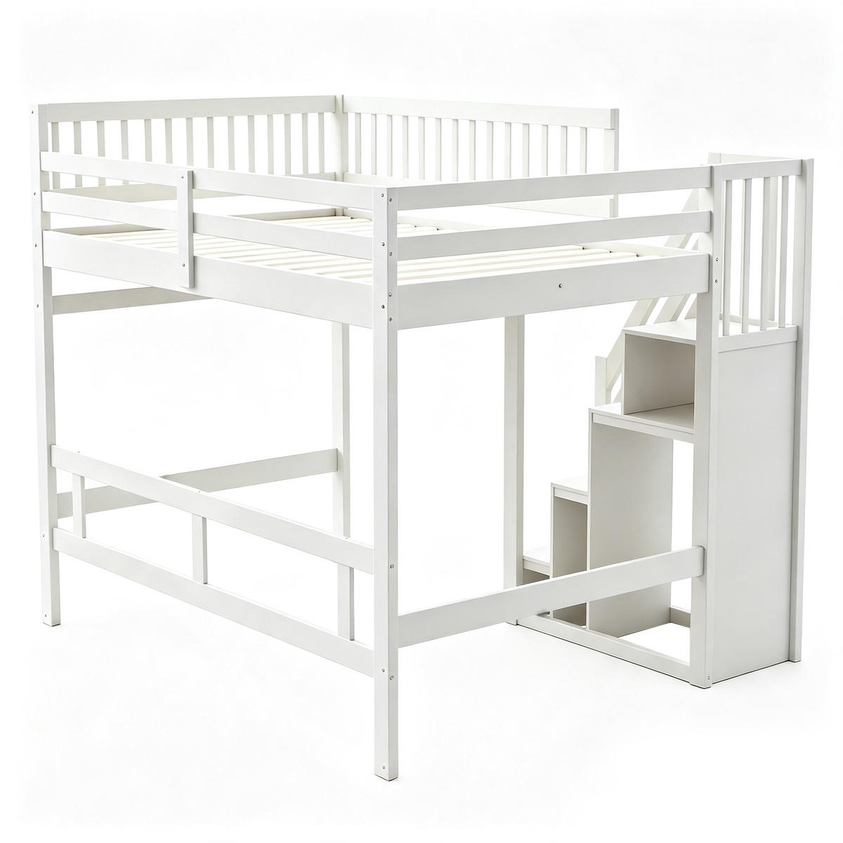 HOCHBETT 140/200 mit Stauraumtreppe und hohem Geländer in Weiß - Weiß, Holz (140/200cm) - EVRYAE