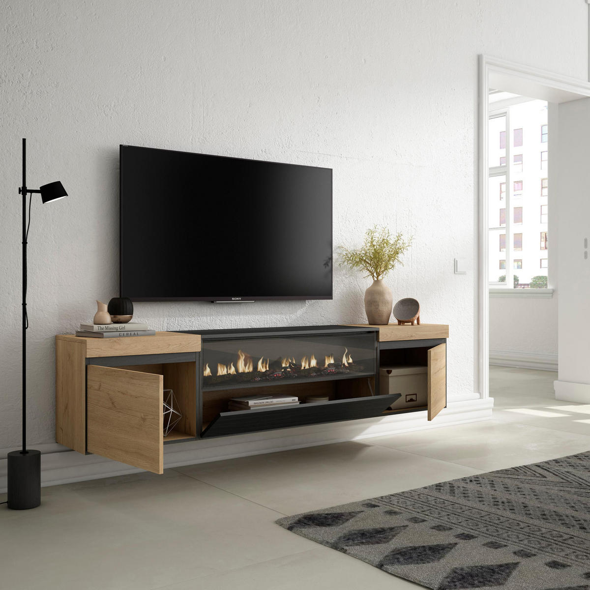 LOWBOARD Elektrokamin, Hängend, eiche, schwarz, 200/35/45cm - Eichefarben/Naturfarben, Holzwerkstoff (200/45/35cm) - Skraut Home