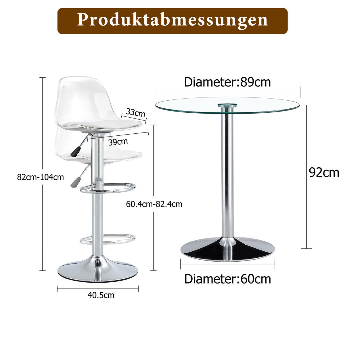 BARTISCH-SET DE-39347 3-teilig, Glastisch und 2 Hocker Silber - Silberfarben, Metall (89/92/89cm) - ComfortXL