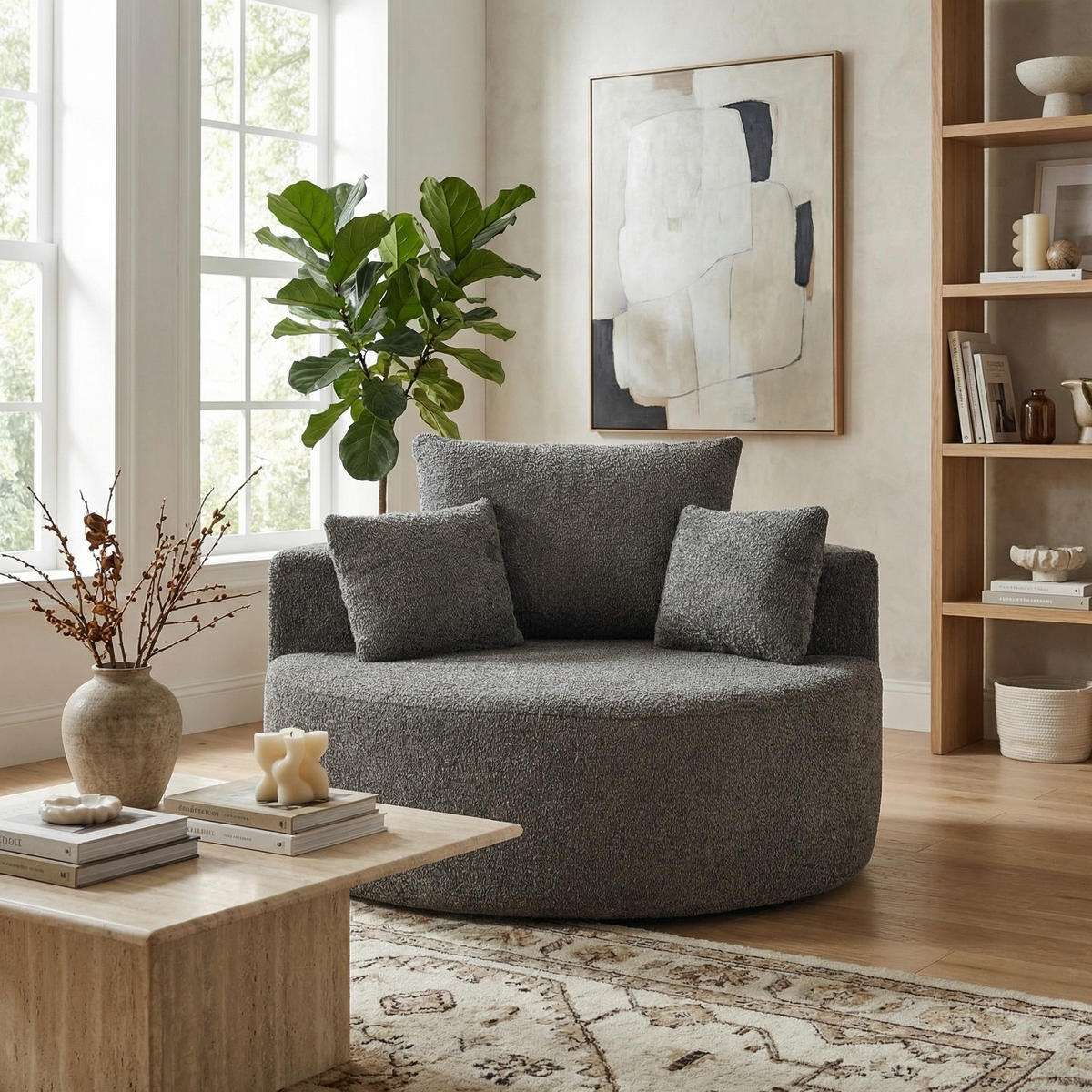 SESSEL XXL 127x127 cm Grau aus Chenille, Keine Montage - Grau, Textil (127/85/127cm) - Urban Meuble