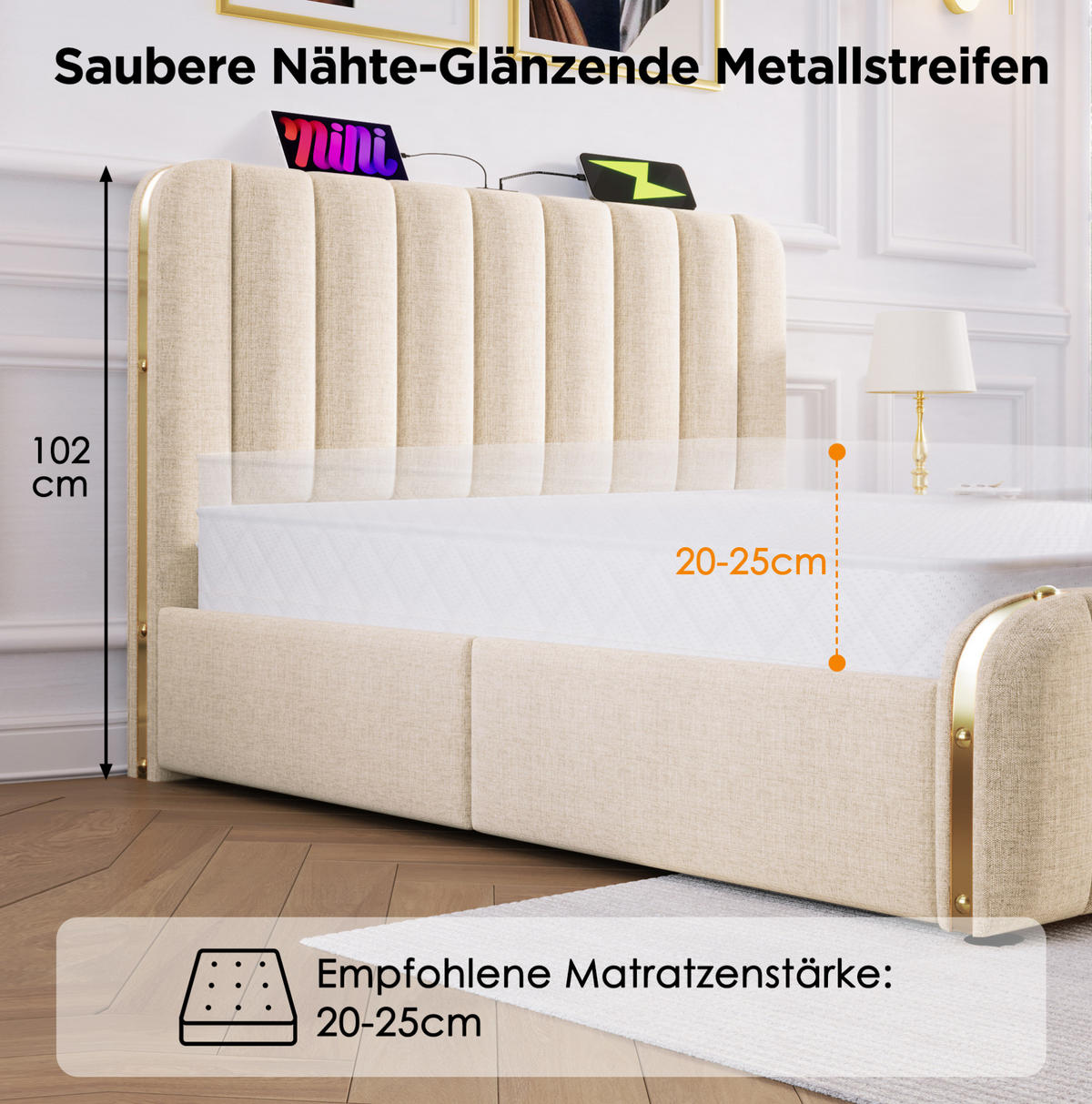 OBLAZINJENA postelja 90/200 cm z USB in USB-C, 4 predali ter vzmetnico H3, bež lan - bež, tekstil (90/200cm) - Redom
