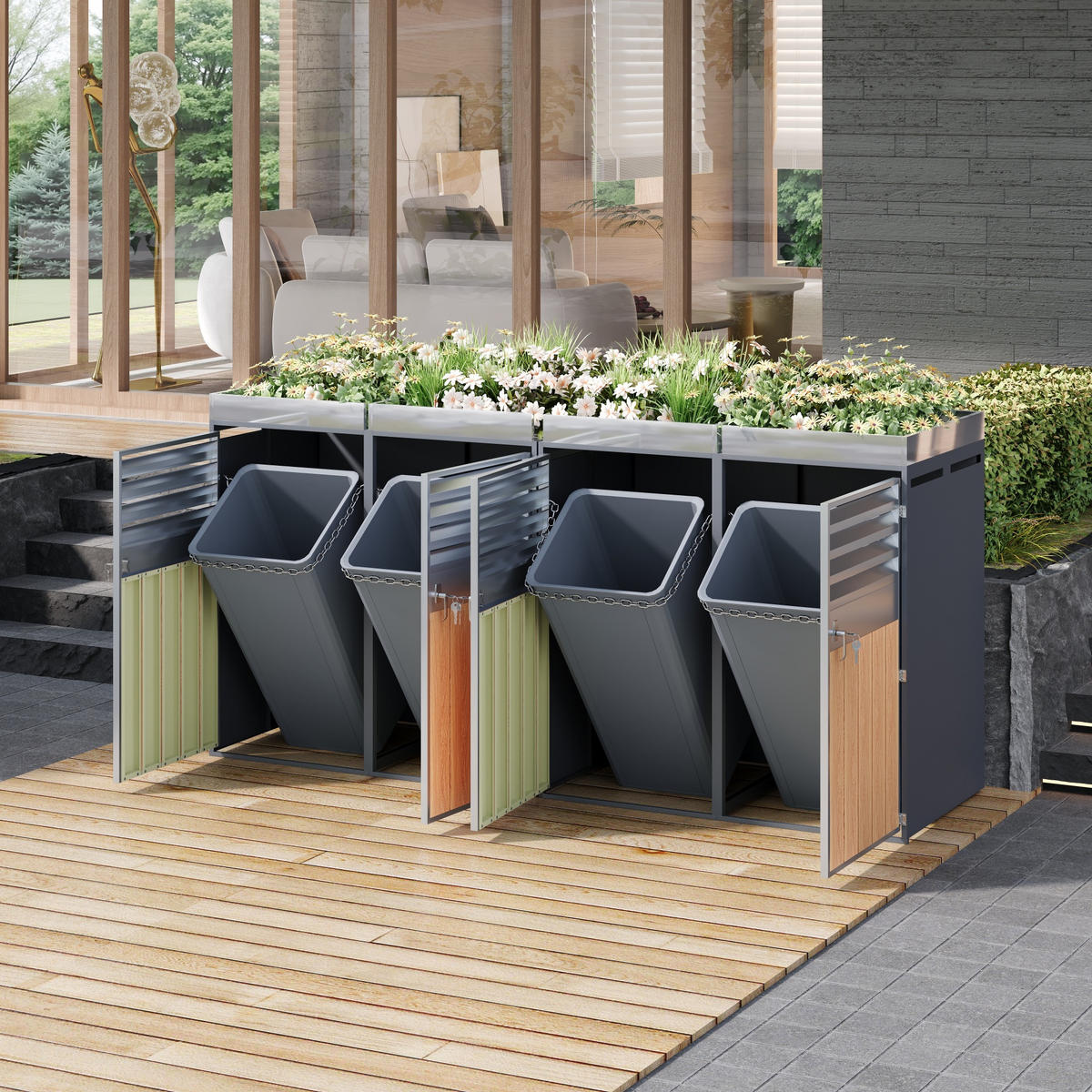 MÜLLTONNENBOX Pflanzfläche Holzmaserung Grau - Grau, Metall (132/124.5/80cm) - ComfortXL