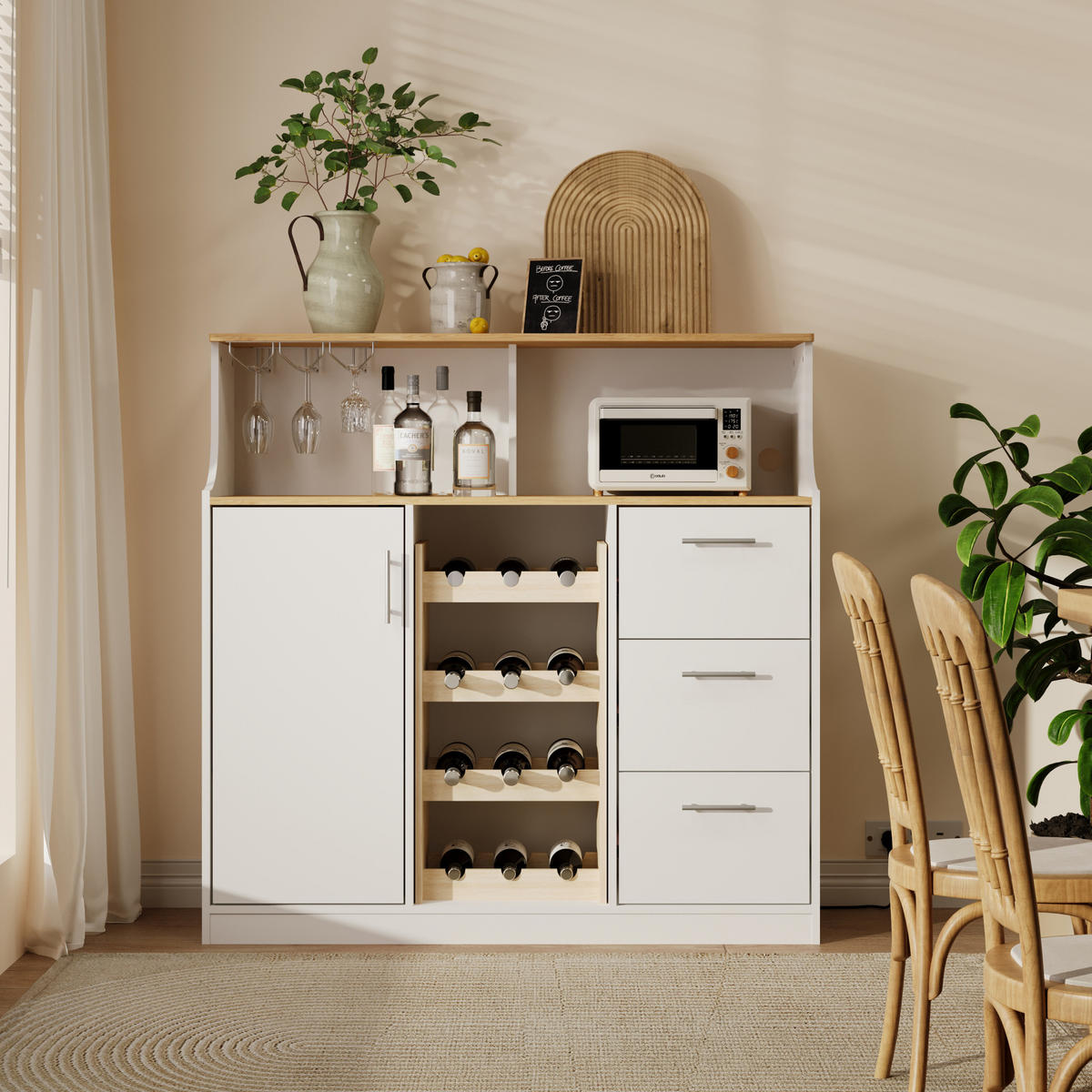 SIDEBOARD aus MDF 120x40x121 cm Weiß/Natur mit LED-Beleuchtung, Steckdose, Weinregal und Gläserhalter - Weiß, Holzwerkstoff (120/121/40cm) - Modfu