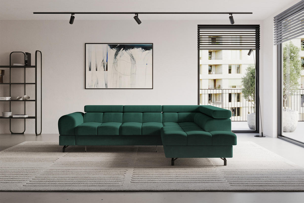 ECKSOFA mit Schlaffunktion Ottomane Rechts LUMA-L 272x203x70 Grün Velours - Waldgrün/Schwarz, Holzwerkstoff/Kunststoff (203/272cm) - ALTDECOR