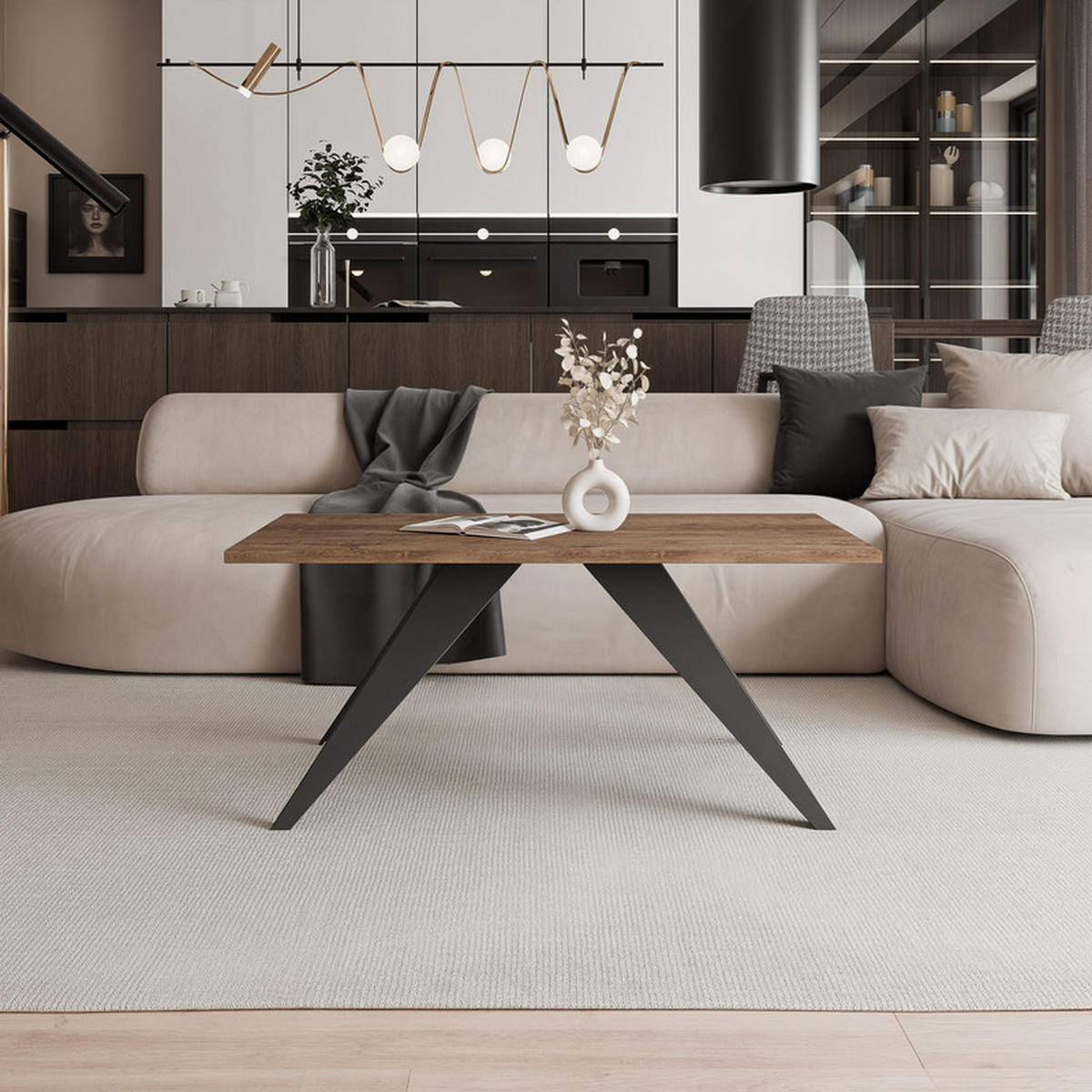COUCHTISCH AIRA 120/60/48 cm Rechteckig, Schwarz/Lefkas-Eiche - Eichefarben/Schwarz, Metall (60/120/48cm) - Idohome