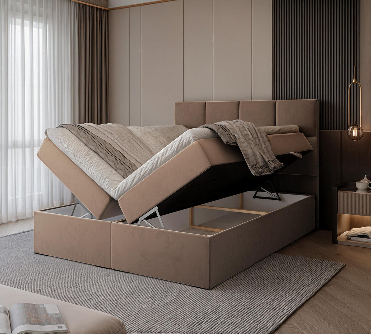 BOXBETT MAGNUS 200/200 cm mit Matratze und Topper, Hellbraun - Hellbraun, Textil (200/200cm) - Idohome