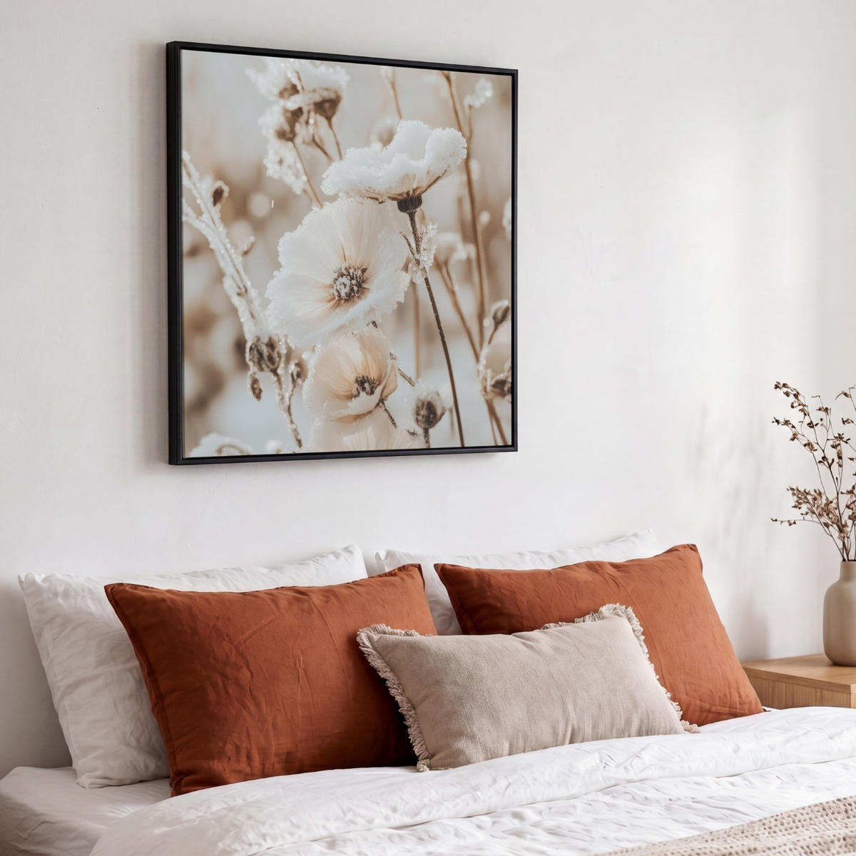 LEINWAND Bilder mit Rahmen - Blumen - Winter - Weiß - Schnee - Beige - 50x50 - Creme, Textil (50/50cm) - MuchoWow