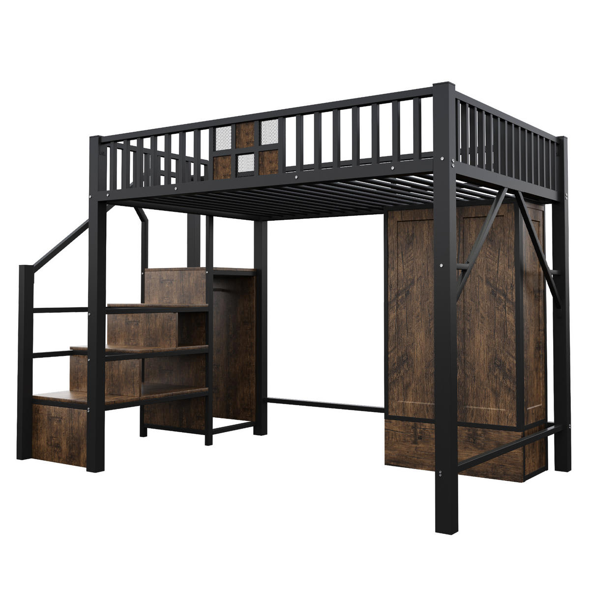 HOCHBETT 140/200 cm aus Metall und Holz mit Kleiderschrank, Schubladen und Aufbewahrungsleiter, Schwarz - Schwarz, Metall (140/200cm) - Redom