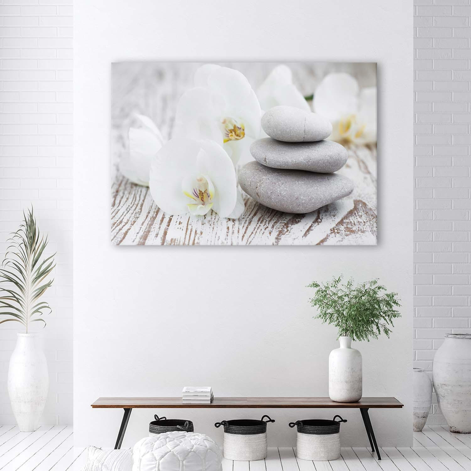 BILD Weiße Orchidee und Steine - Grau, Textil (90/60cm) - Feeby