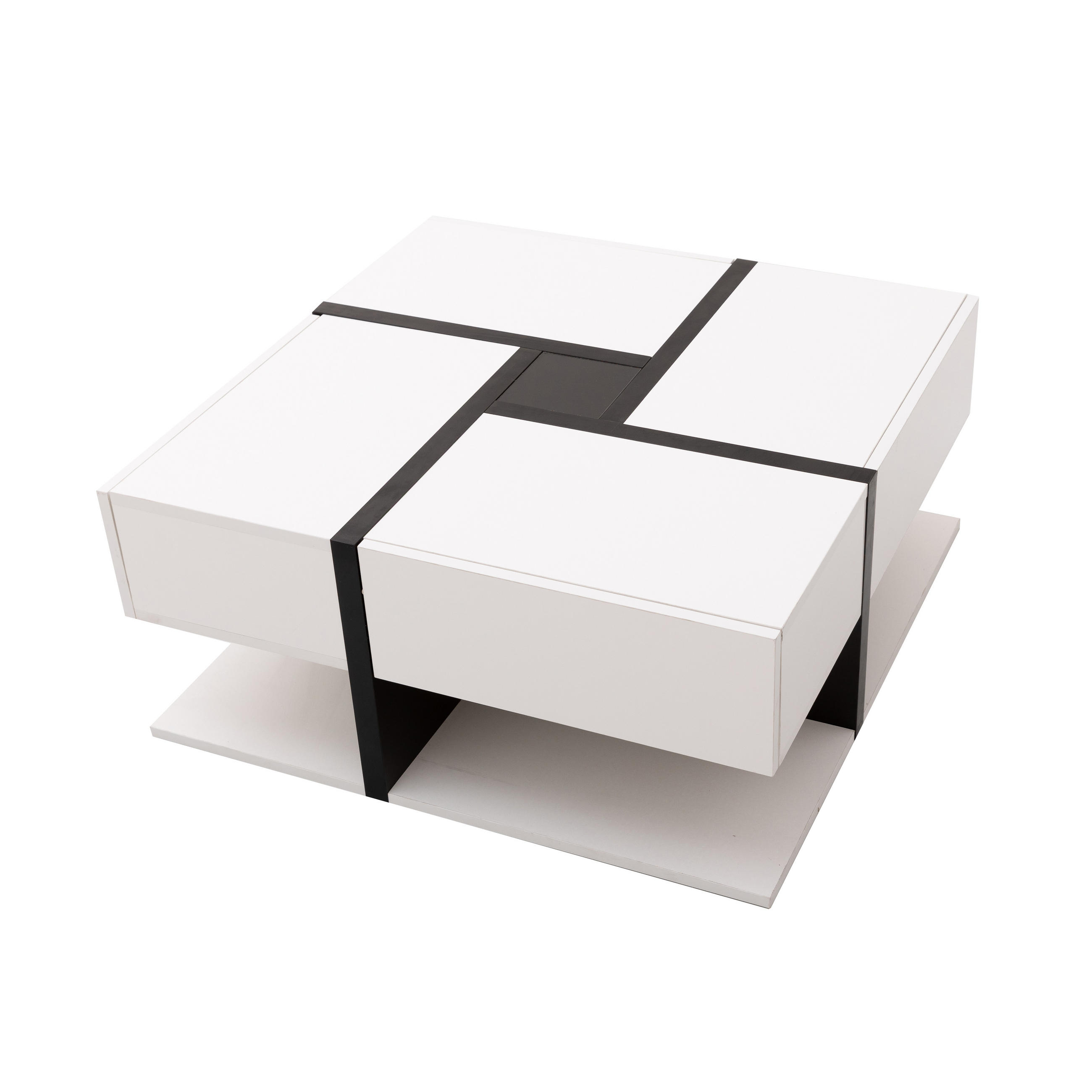COUCHTISCH Hochglanz Weiß & Schwarz Quadratisch mit 4 Schubladen & Stauraum - Weiß, Holzwerkstoff (78/78/36cm) - Urban Meuble