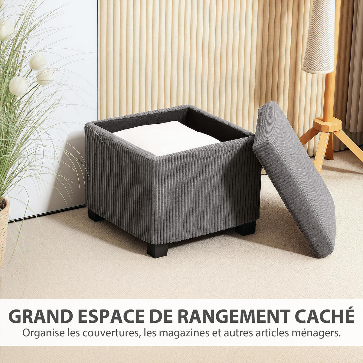 POUF DE-16411 mit Stauraum und Rippenvelours Grau - Grau, Textil (40/40/40cm) - ComfortXL