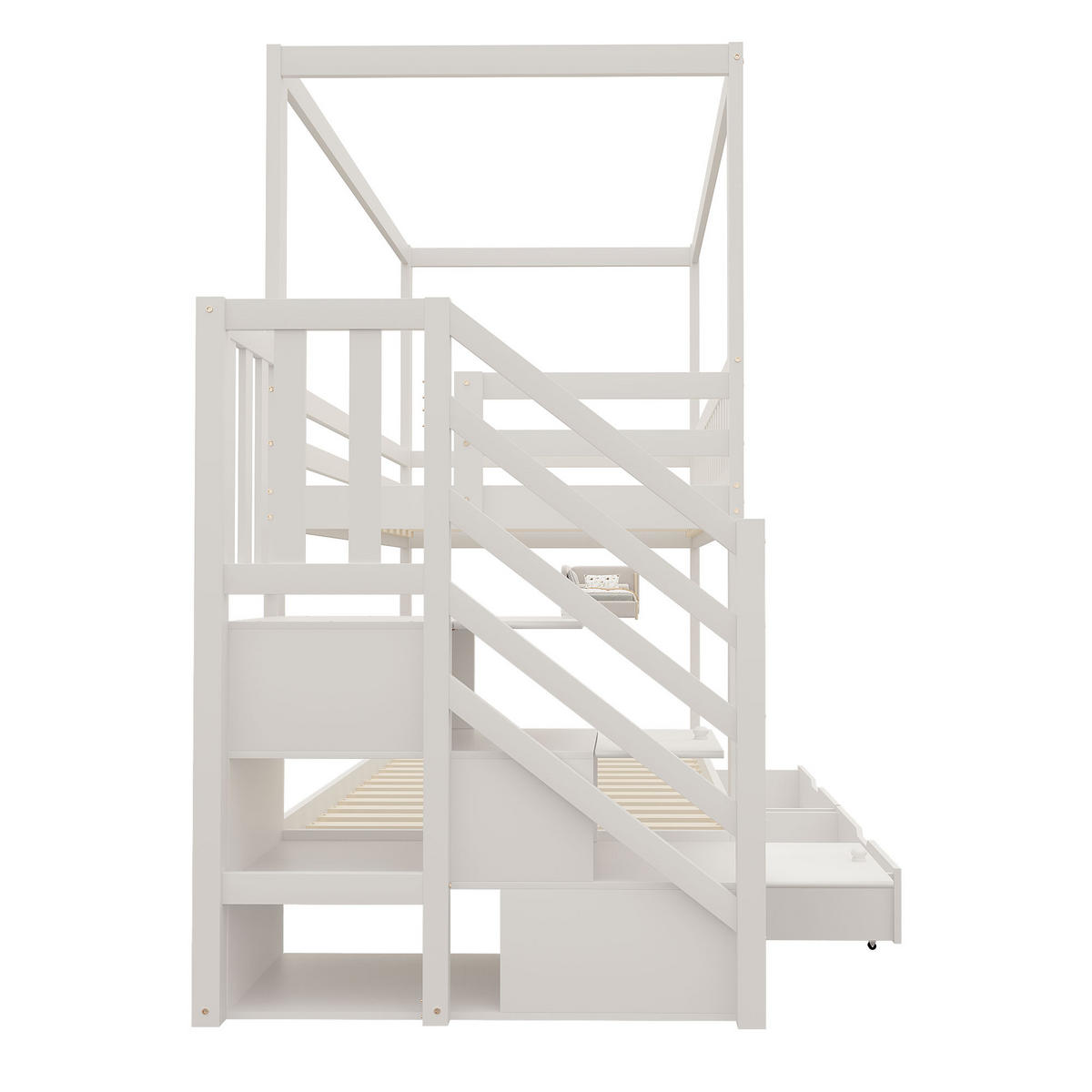 ETAGENBETT 90/200 cm aus Massivholz mit Hausform und Sicherheitsleiter - Weiß, Holz (90/200cm) - OKWISH