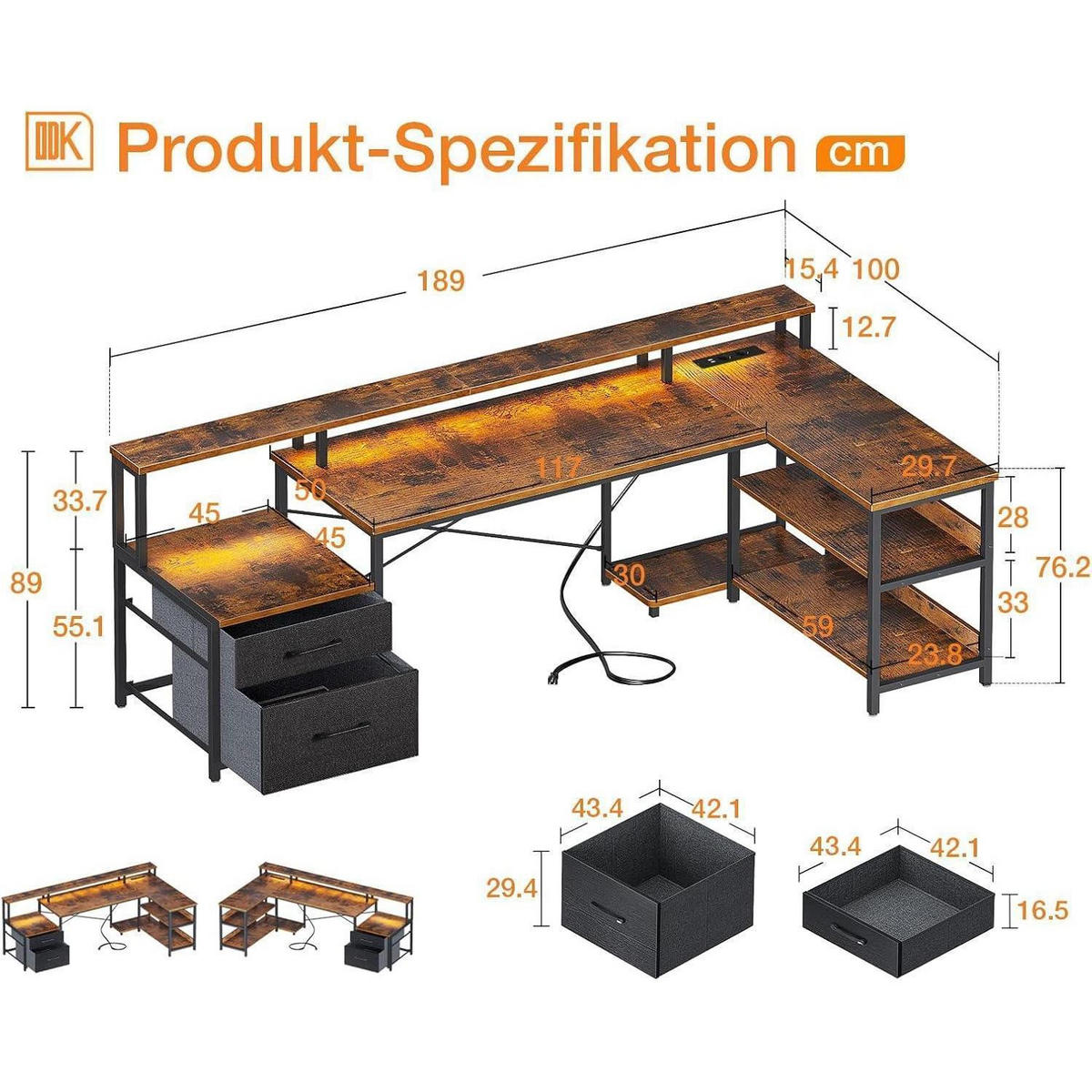 ECKSCHREIBTISCH L Form mit LED und Steckdosenleiste Vintage-Braun 189.3 x 100 cm - Braun, Holzwerkstoff (100/189.3/88.7cm)