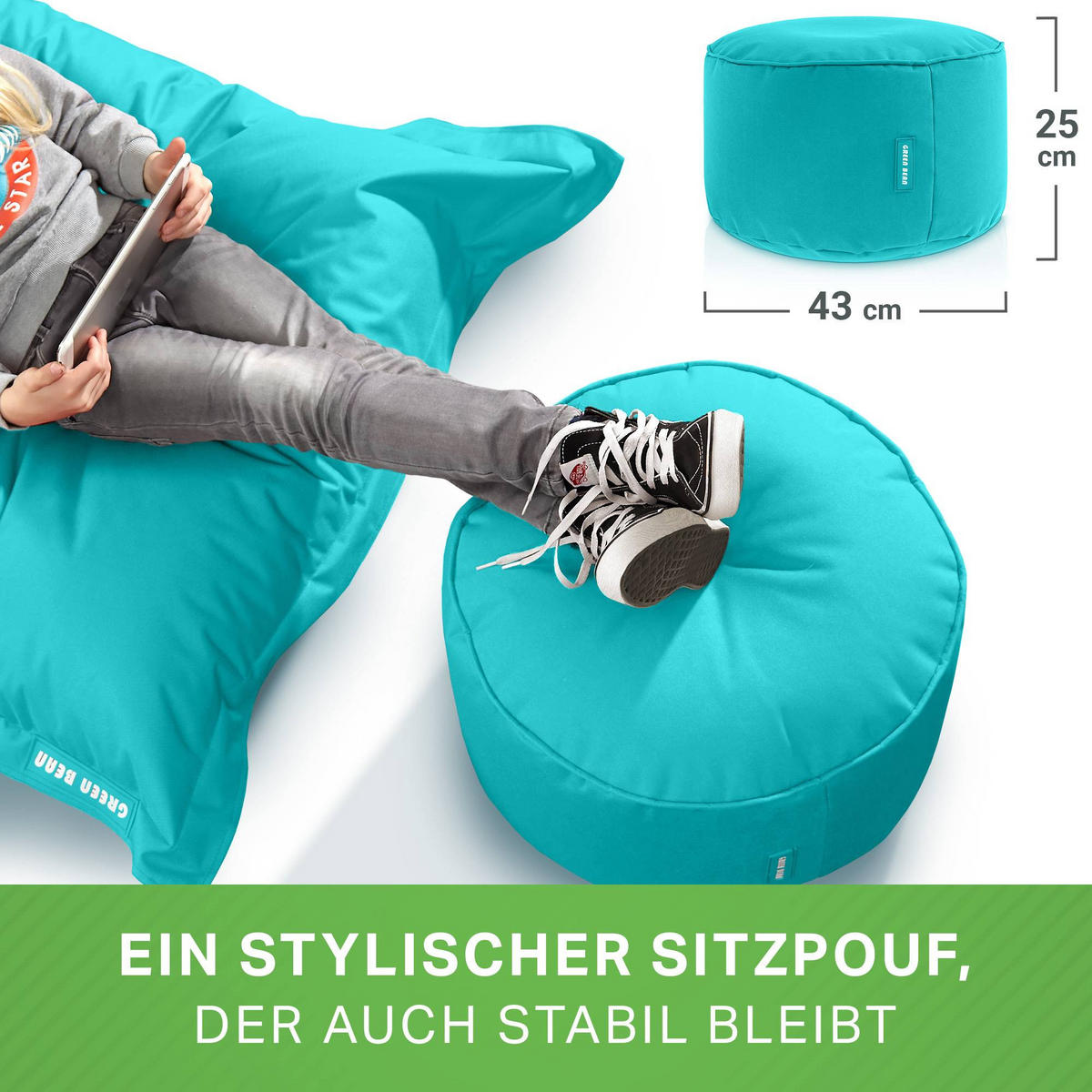 SITZSACK-HOCKER Pouf "Stay" 45x25cm - Türkis, Textil (45/25/45cm) - Green Bean