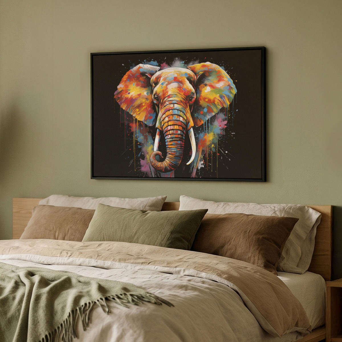 LEINWAND Bilder mit Rahmen - Elefant - Graffiti - Schwarz - Tiere - Farben - 80x60 - Schwarz, Textil (80/60cm) - MuchoWow