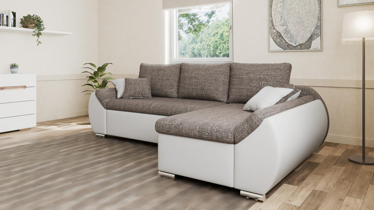 ECKSOFA - ALEX – Braun + Weiß (Lawa 02 + Soft 17) - Rechts - Braun, Holzwerkstoff/Metall (275/155cm) - Möblo