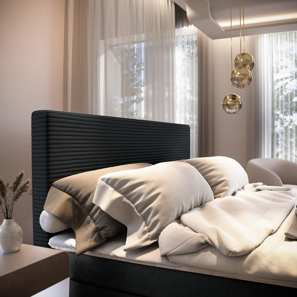 BOXBETT GIARRO 180x200 cm mit Matratze und Topper - Schwarz - Schwarz, Holz (180/200cm) - MASSENO