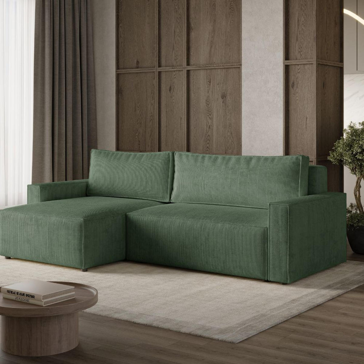 ECKSOFA LIVIO L mit Schlaffunktion und Bettkasten, weicher, dicker Cord pet friendly - POSO 14 - Grau, Holz (230/195cm) - Dekori_Interiors