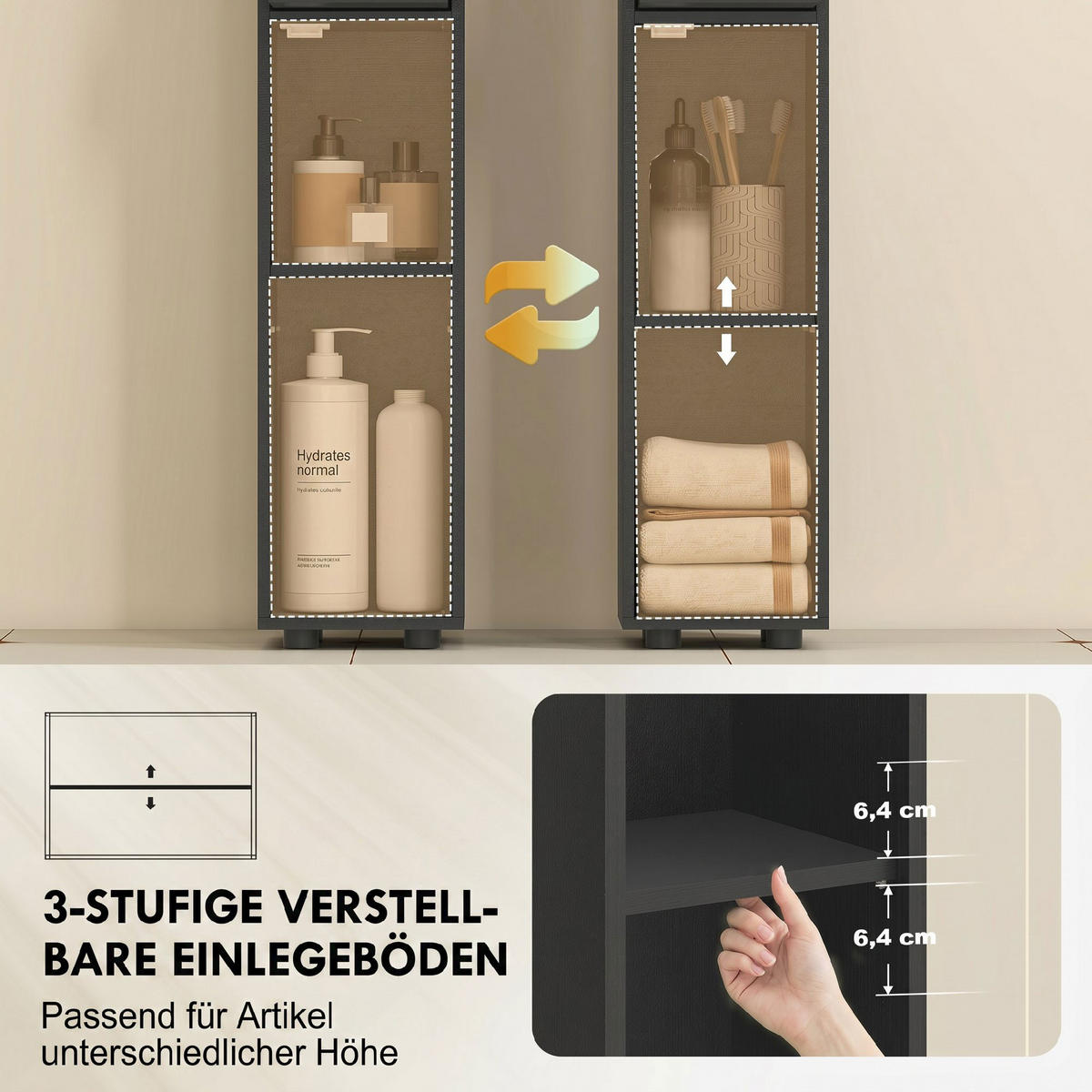 BADEZIMMERSCHRANK Spanplatte Schwarz - Schwarz/Grün, Karton/Holzwerkstoff (20/180/20cm) - Kleankin