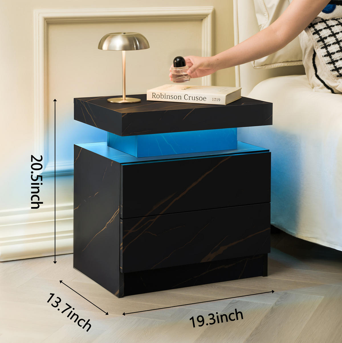 NACHTTISCH aus Holzwerkstoff 50x53x36 cm Schwarz/Gold mit LED-Beleuchtung und 2 Schubladen - Schwarz, Holzwerkstoff (50/36/53cm) - Modfu