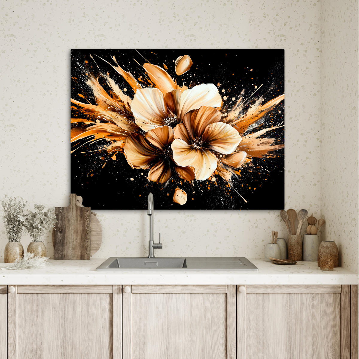 LEINWANDBILD Blumen - Gold - Graffiti - Schwarz - Abstrakt Wandbilder 80x60 cm - Cappuccino, Textil (80/60cm) - MuchoWow