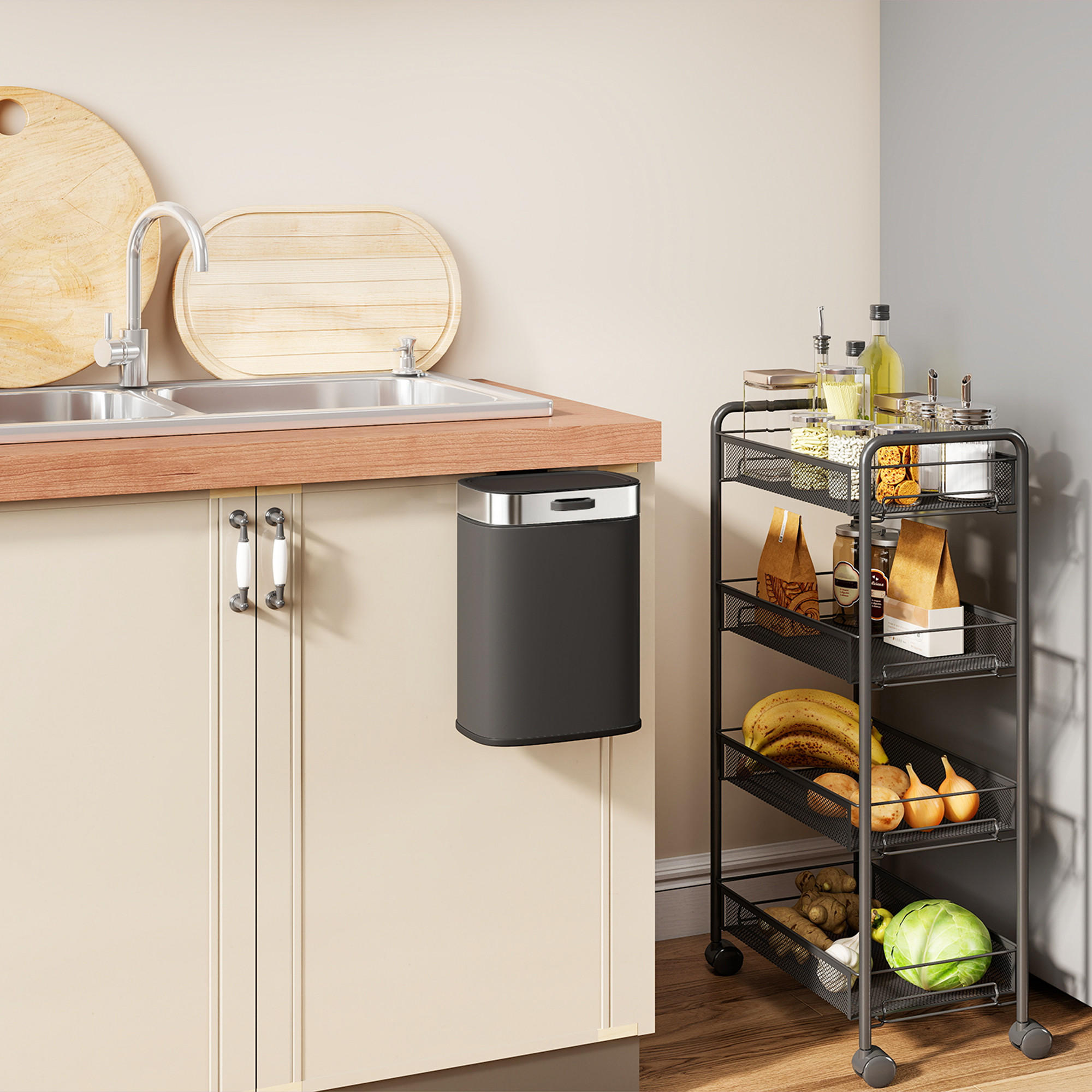 MÜLLEIMER Edelstahl Küchenmülleimer mit Druck-Öffnen offen bleibendem Deckel - Schwarz, Metall (19.5/30/21.5cm) - HOMCOM