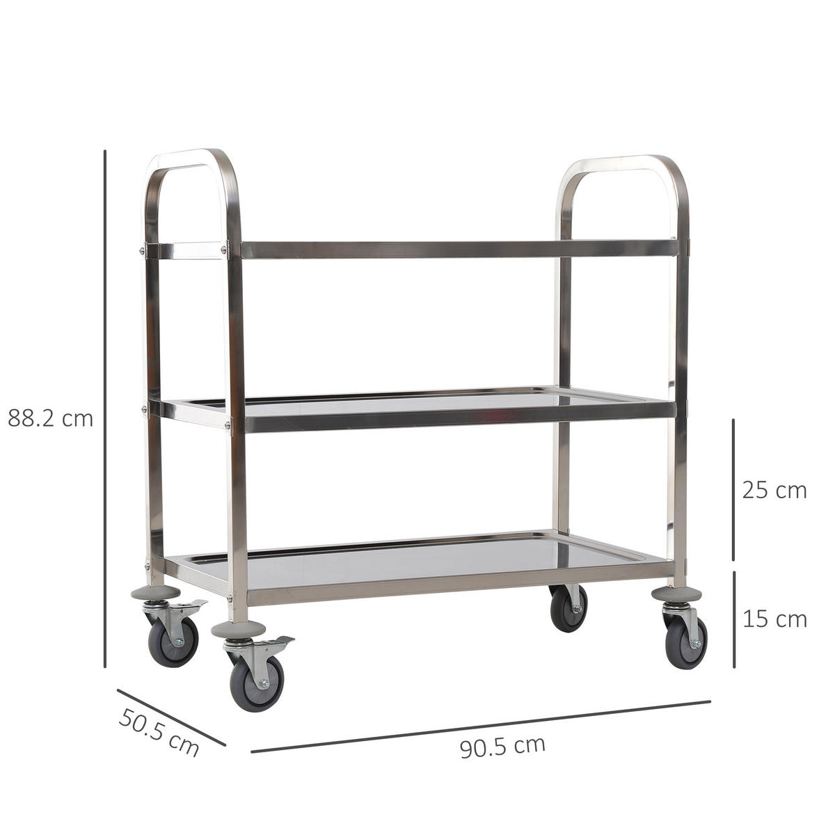 KÜCHENWAGEN, 3-stöckiger Edelstahlwagen mit Rollen, 90,5 x 50,5 x 88,2 cm - Multicolor, Metall (90.5/88.2/50.5cm) - FORIOUS