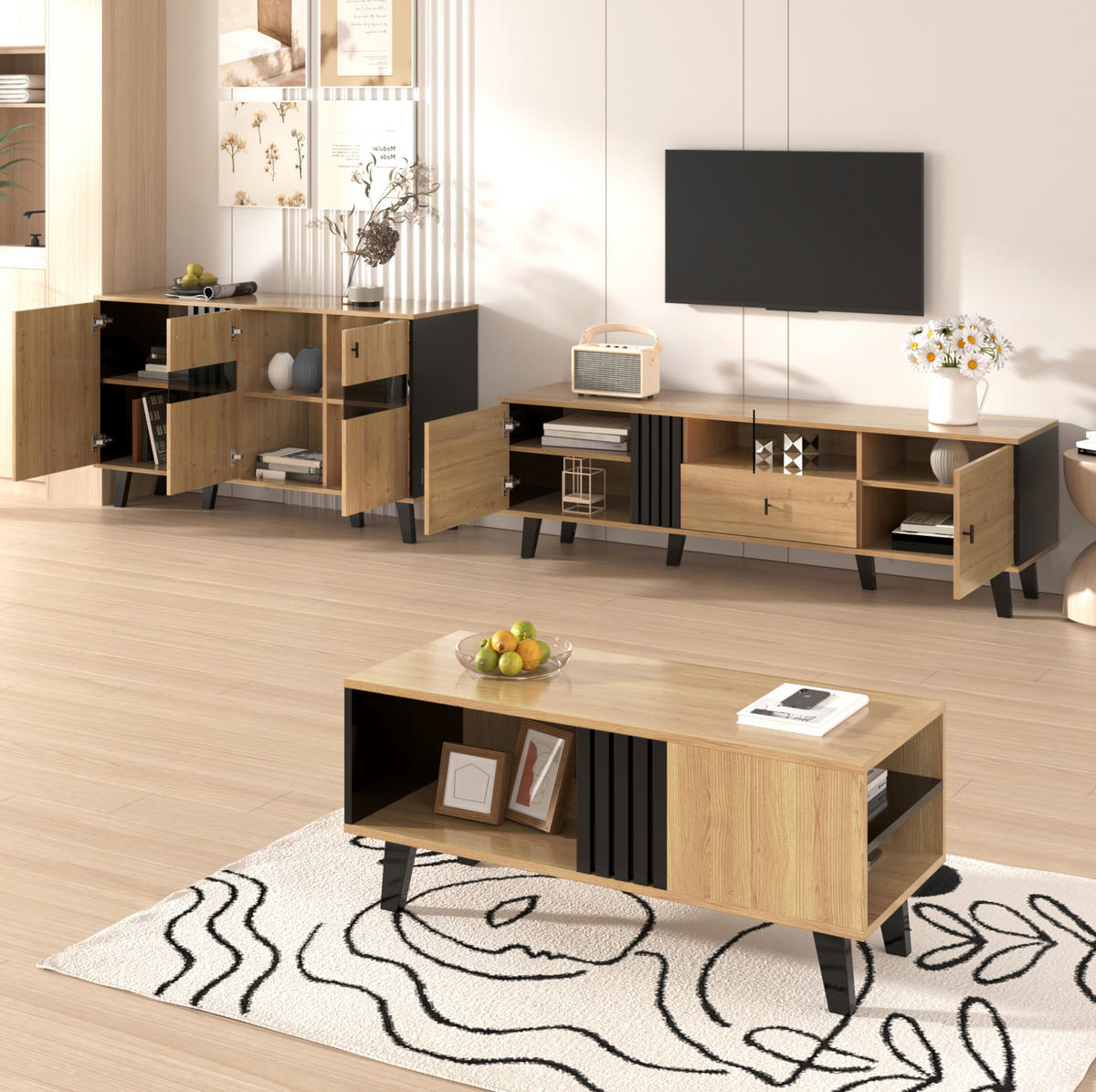 TV-SCHRANK 170/40/50,5 cm Holz schwarz mit 2 Türen und Schublade - Schwarz, Holzwerkstoff (170/50.5/40cm) - OKWISH