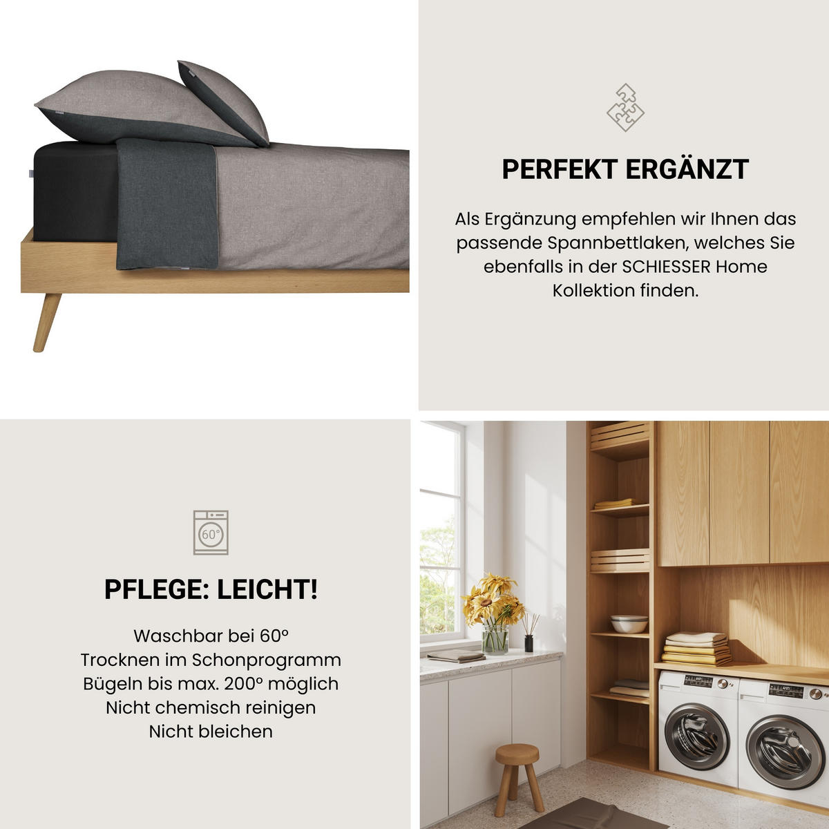 BETTWÄSCHESET Doubleface - Renforcé - 2-teilig - 155 x 220 cm - Grau-Schwarz - Schwarz, Textil (155/220cm) - SCHIESSER