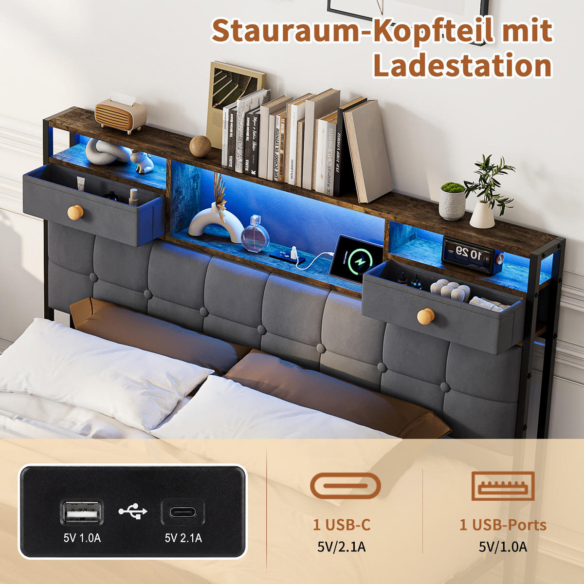 BETT mit hydraulischem Bettkasten, 140/200 cm, mit Samtbezug, LED-Beleuchtung und USB-Anschlüssen, Grau - Grau, Textil/Metall (140/200cm) - Waldena