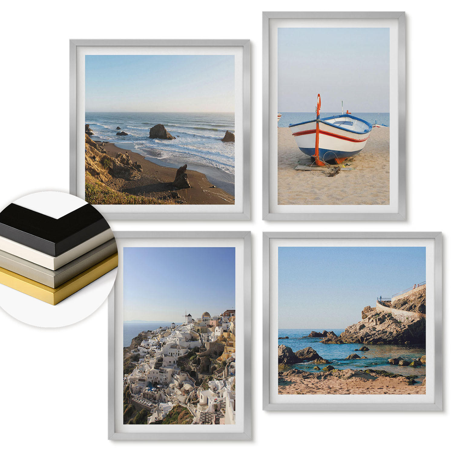 WANDBILDER 4er Set - 50x50 cm & 40x60 cm Silberner Rahmen - Ansichten von Griechenland, Łódź, Häuser - Silberfarben, Kunststoff (50/50cm) - ArtPrintCave