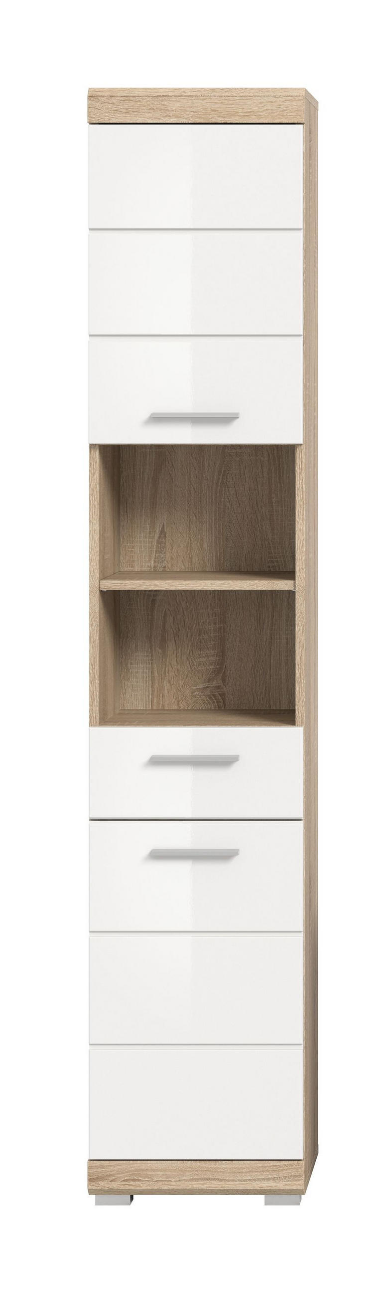 HOCHSCHRANK Samba Bad in Sonoma Eiche hell und weiß hochglanz B/H/T: 37x191x31 cm - Sonoma Eiche, Holzwerkstoff (37/191/31cm)