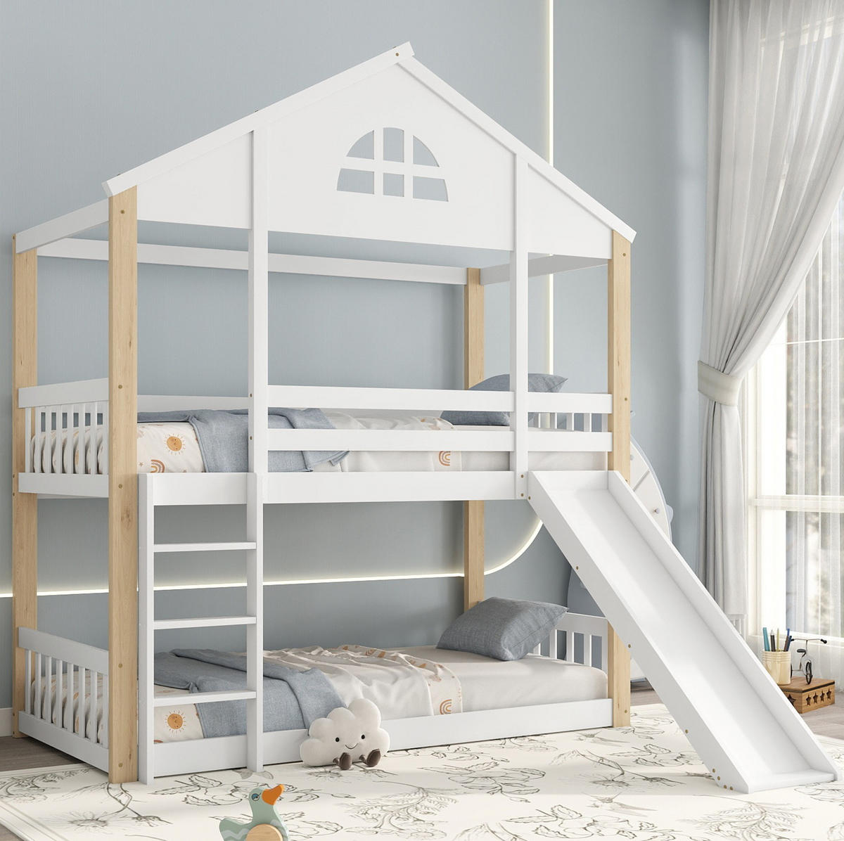 HAUSBETT 90/200 cm mit Rutsche und Hausdesign in Weiß/Natur - Weiß, Holz (90/200cm) - BEAOK