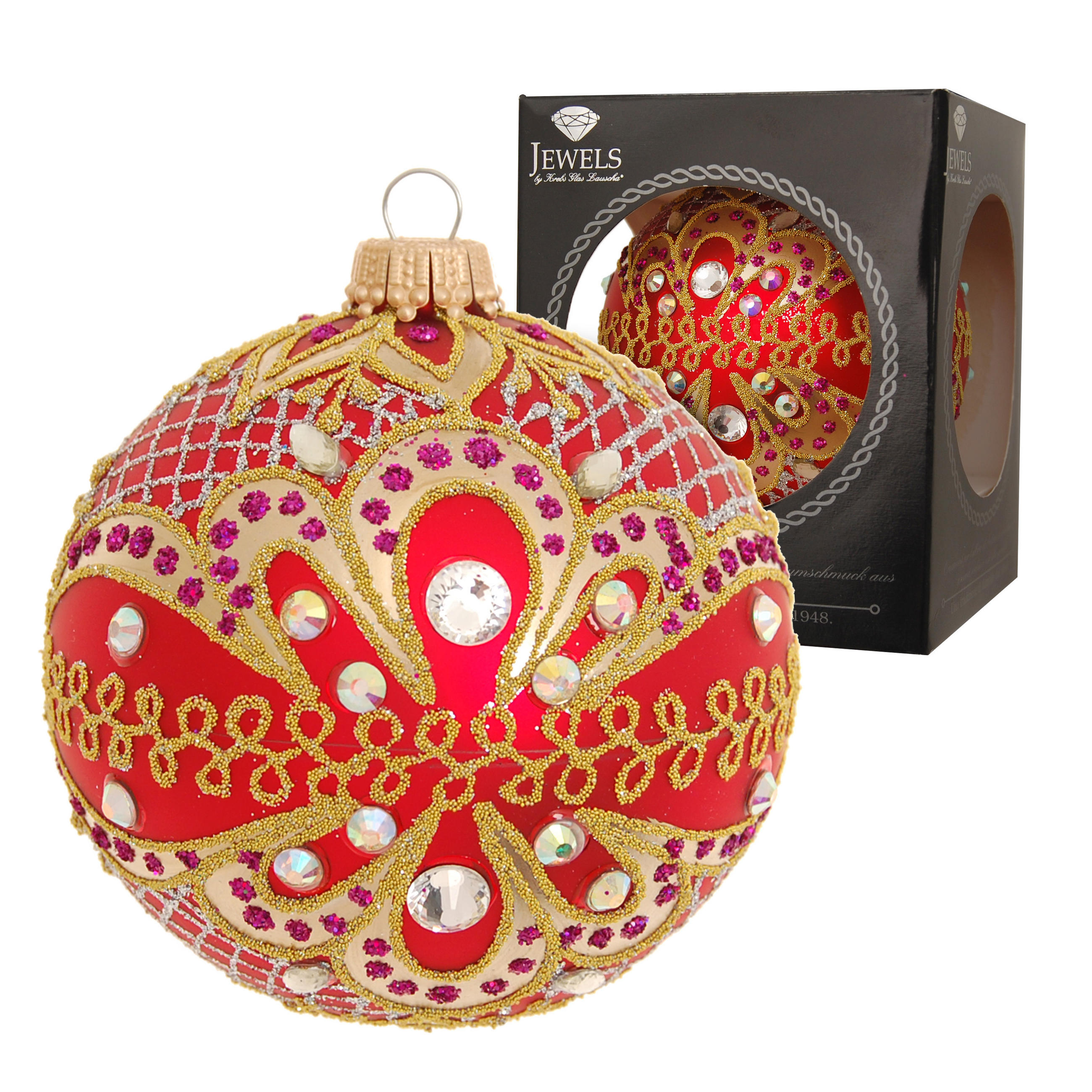 CHRISTBAUMKUGEL Gloria Strassdekor Rot 8cm (Glas / 1 Stk.) - Rot, Glas (8/8/8cm) - Krebs Glas Lauscha