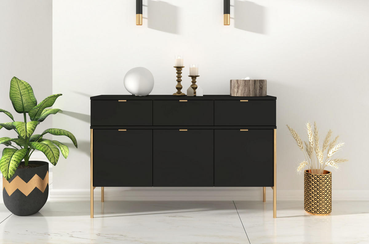 SIDEBOARD Polka, Schwarz, Goldene Details - Goldfarben/Schwarz, Holzwerkstoff/Metall (120/78/37cm) - Skandica