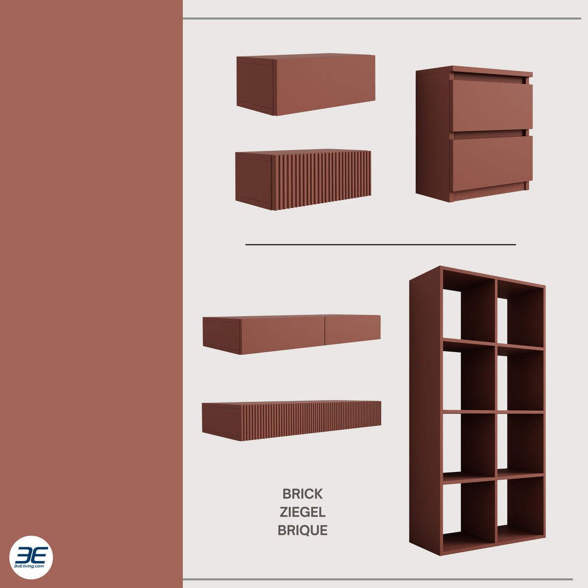 BÜCHERREGAL mit 8 Fächern – Farbe: Ziegelrot – 147 × 74 × 30 cm, vertikale oder horizontal - Rot, Holzwerkstoff (74/147/30cm) - 3XE LIVING
