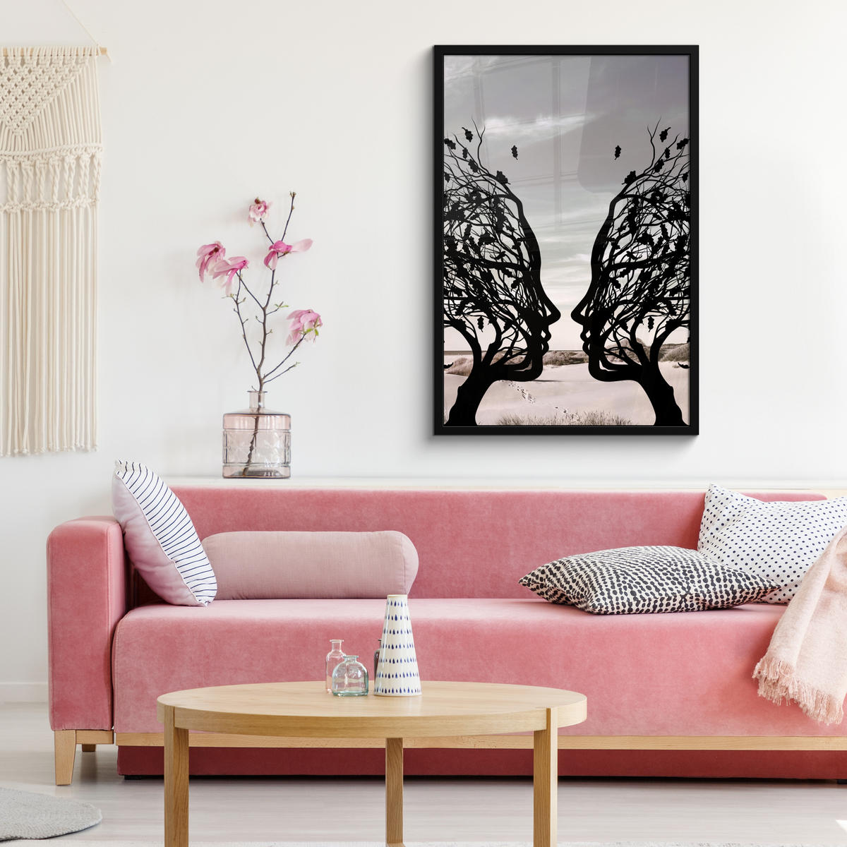 ZARÁMOVANÝ PLAGÁT Pláž - more - ľudia - strom - moderné umenie 60x90 cm - svetlosivá, papier (60/90cm) - MuchoWow