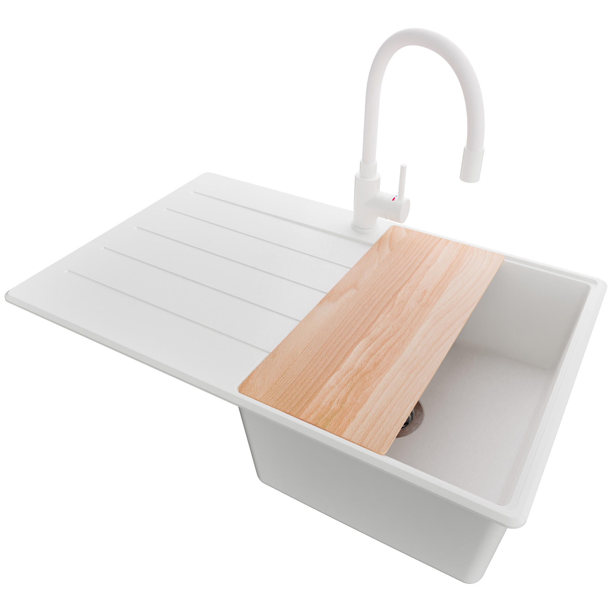 GRANITSPÜLE Kopenhagen, 2-er set Weiß 78/50 cm 1 Becken + Küchenarmatur 38/14 cm + Ablauf-Set + Schneidebrett ab 45er Unterschrank - Chromfarben/Beige, Kunststoff (78/20/50cm) - Primagran