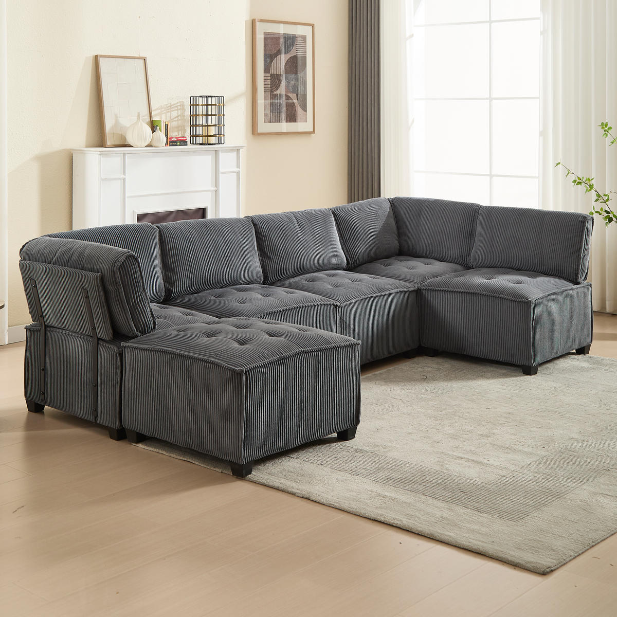 MODULARES 6-Sitzer Sofa Cord flexibel als U-/L-Form und Eckschlafsofa Grau 308/154/82 cm - Grau, Textil (154/308cm) - Redom