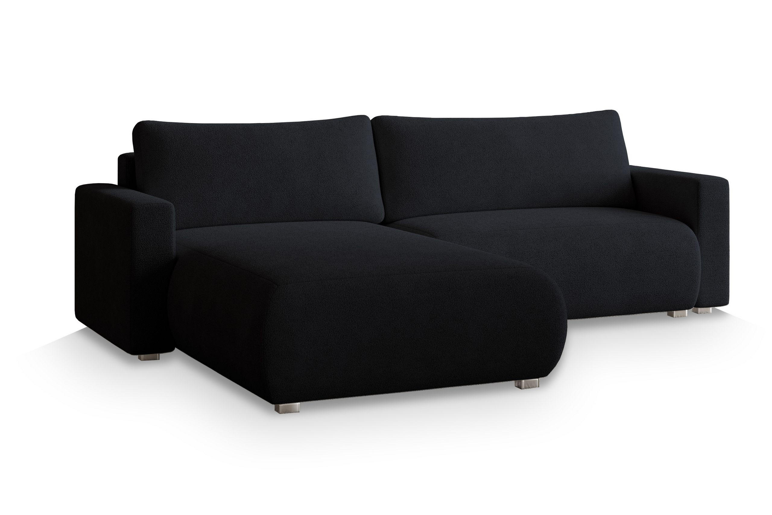 ECKSOFA TURIN N Schwarz Bucle-Stoff mit Schlaffunktion - Schwarz, Holz (265/183cm) - MASSENO
