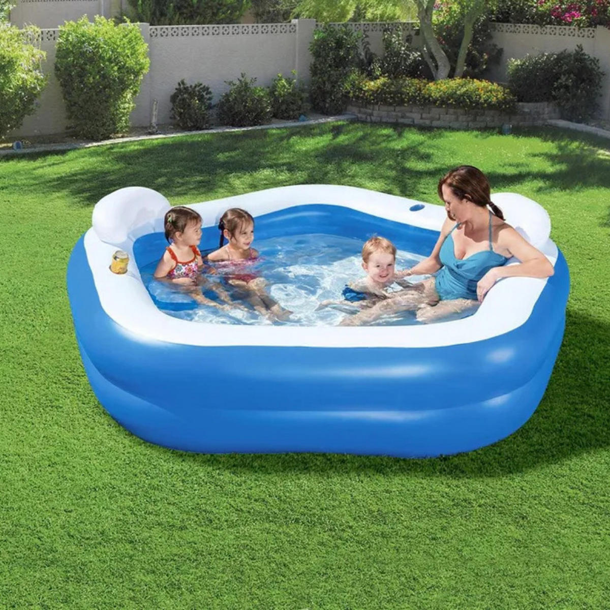 POOL Blau Rechteckig 213 x 206 x 69 cm Familienpool Aufblasbar Mit Kopfstützen - Blau, Kunststoff (206/69/213cm) - Bestway