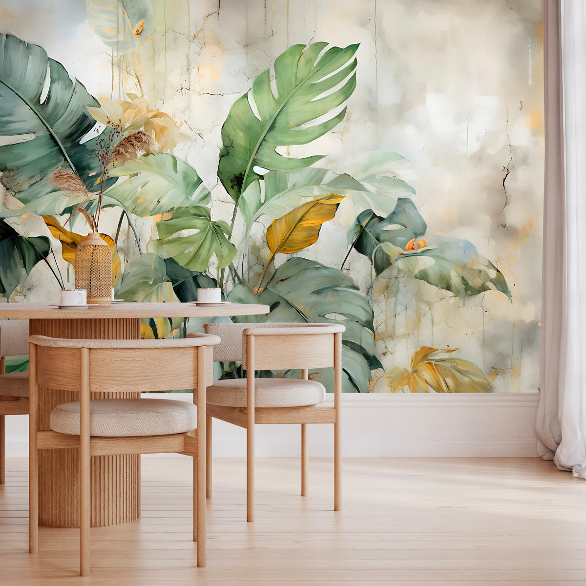 FOTOTAPETE für Esszimmer Pflanzen Tropische Blätter Beton Natur Aquarell 500x350 - Grün, Papier (500/350cm) - Muralo