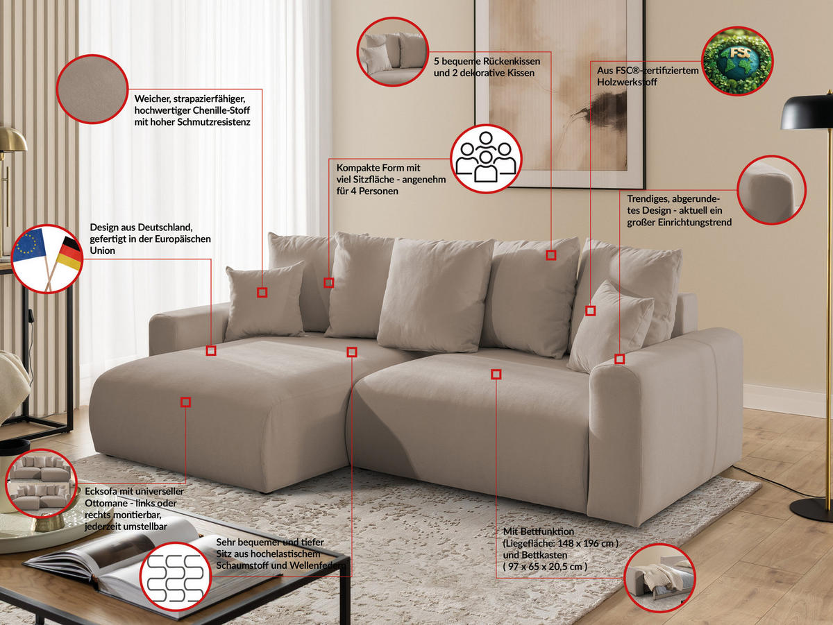 ECKSOFA Calma mit Schlaffunktion und Bettkasten im Bumpy-Design aus weichem Greige Webstoff - Ottomane links - Greige/Schwarz, Holz/Kunststoff (239/140cm) - S-Style