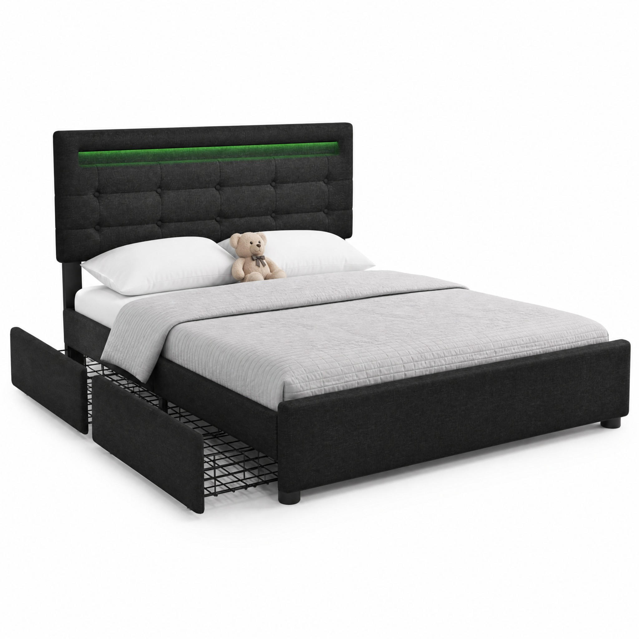 POLSTERBETT 140/200 mit LED, 4 Schubladen und Matratze in Schwarz - Schwarz, Holzwerkstoff/Textil (140/200cm) - EVRYAE