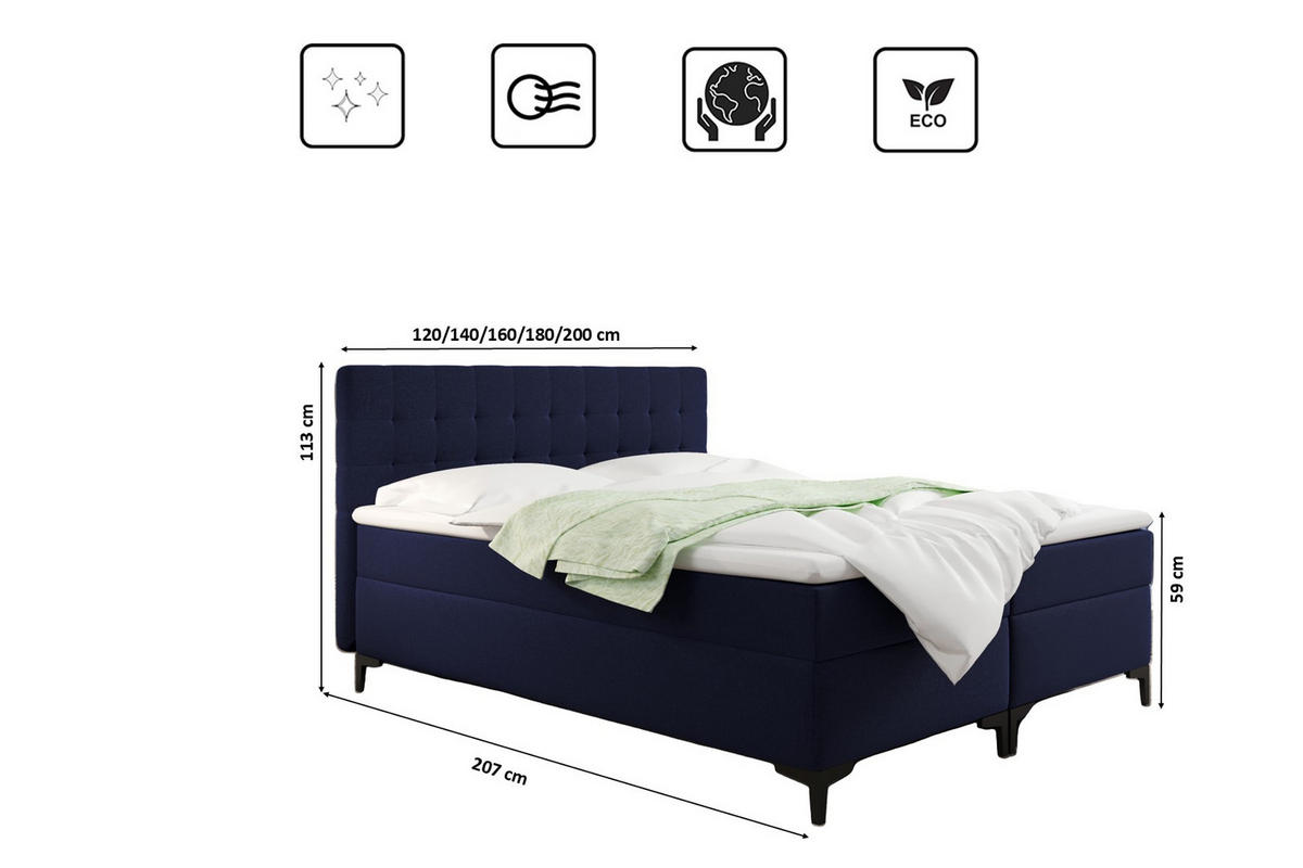 BOXBETT Mit Bettkasten Denver Stoff Muna Marineblau 160x200 cm H3-Bonell - Dunkelblau, Holz (160/200cm) - Kaiser Möbel
