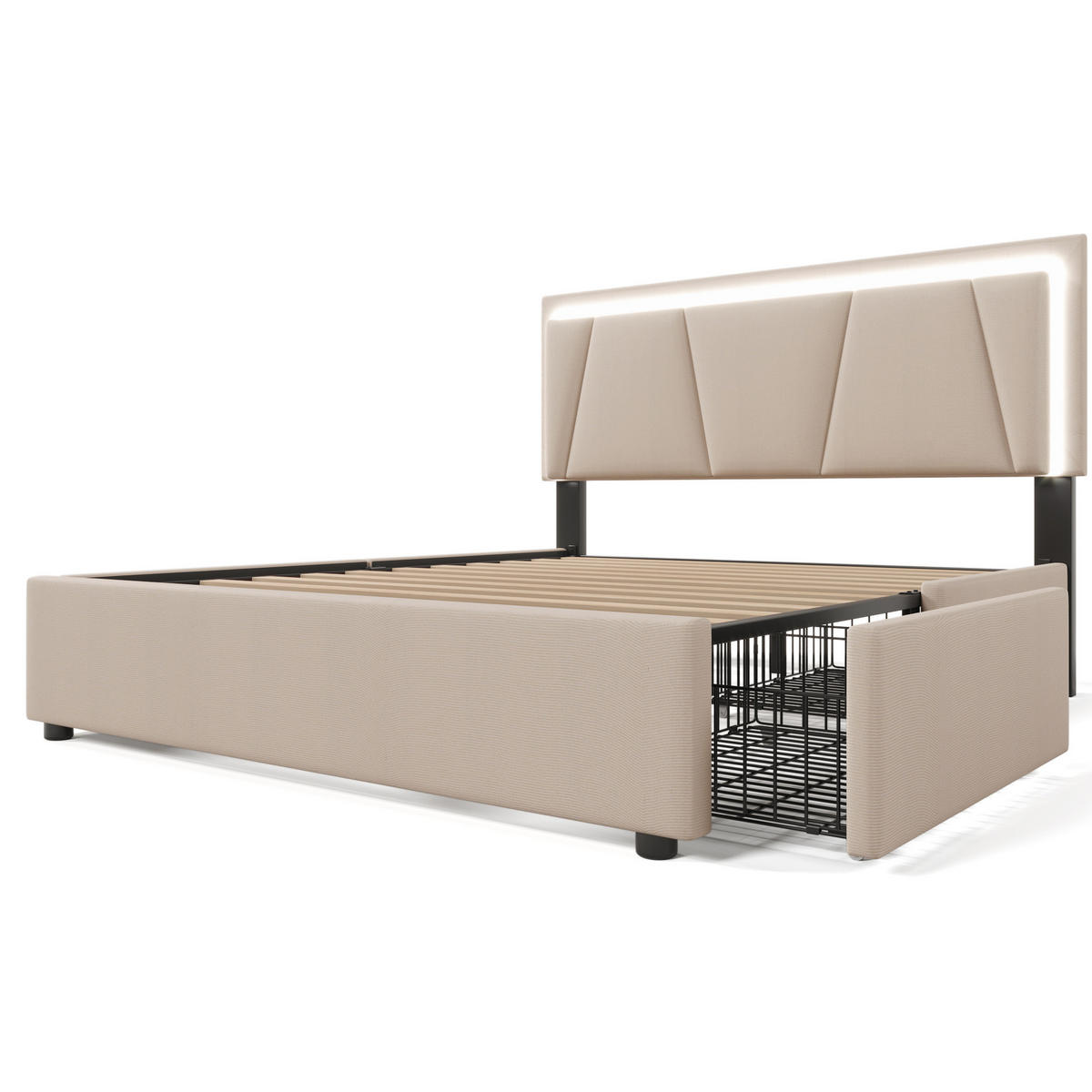 POLSTERBETT aus Holz 140x200 cm in Beige mit LED-Beleuchtung & 4 Schubladen - Beige, Holzwerkstoff (140/200cm) - Modfu